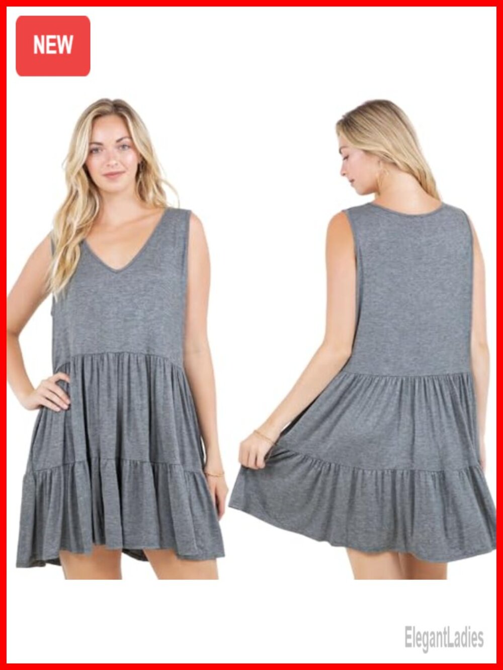 Womens Sleeveless V-Neck Babydoll Mini Dress Tiered Flowy with Pockets